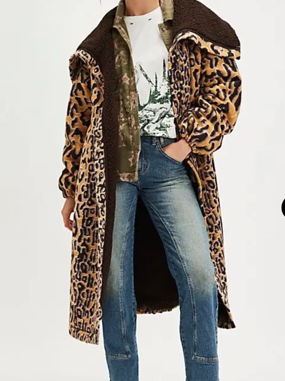 Free People Leopard Faux-Shearling Long Coat - Brown/Black